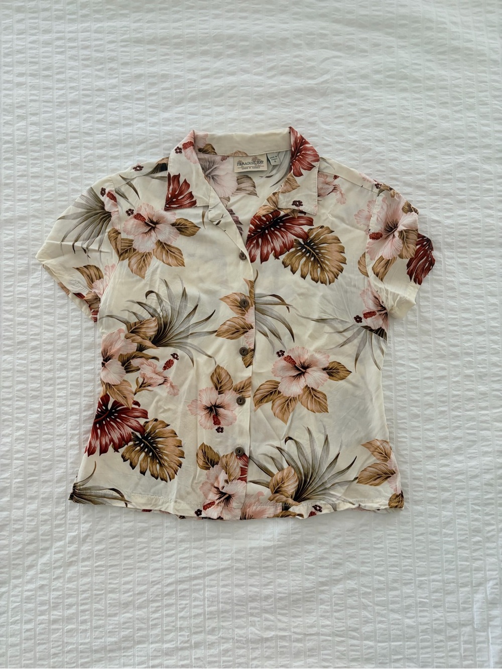 Short-Sleeve Button-Down Floral Shirt in Cream with Pink & Brown Accents